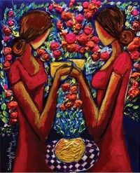 Shazly Khan, Blossoming friendships over a cup of tea!, 24 x 30 Inch, Acrylic on Canva, Figurative Painting, AC-SZK-020